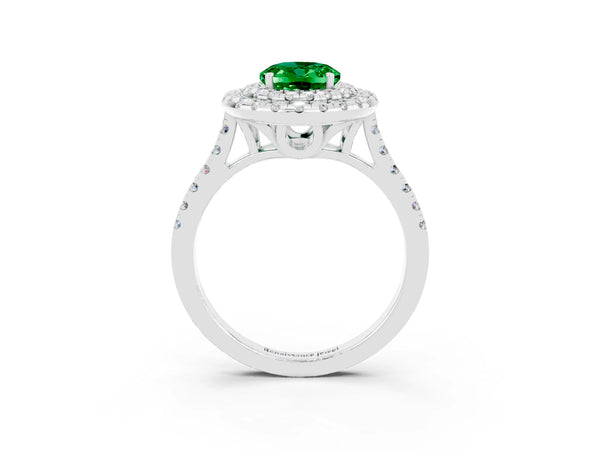 Platinum Double Halo Oval Cut Emerald Pavé Band with Four-Prong Setting