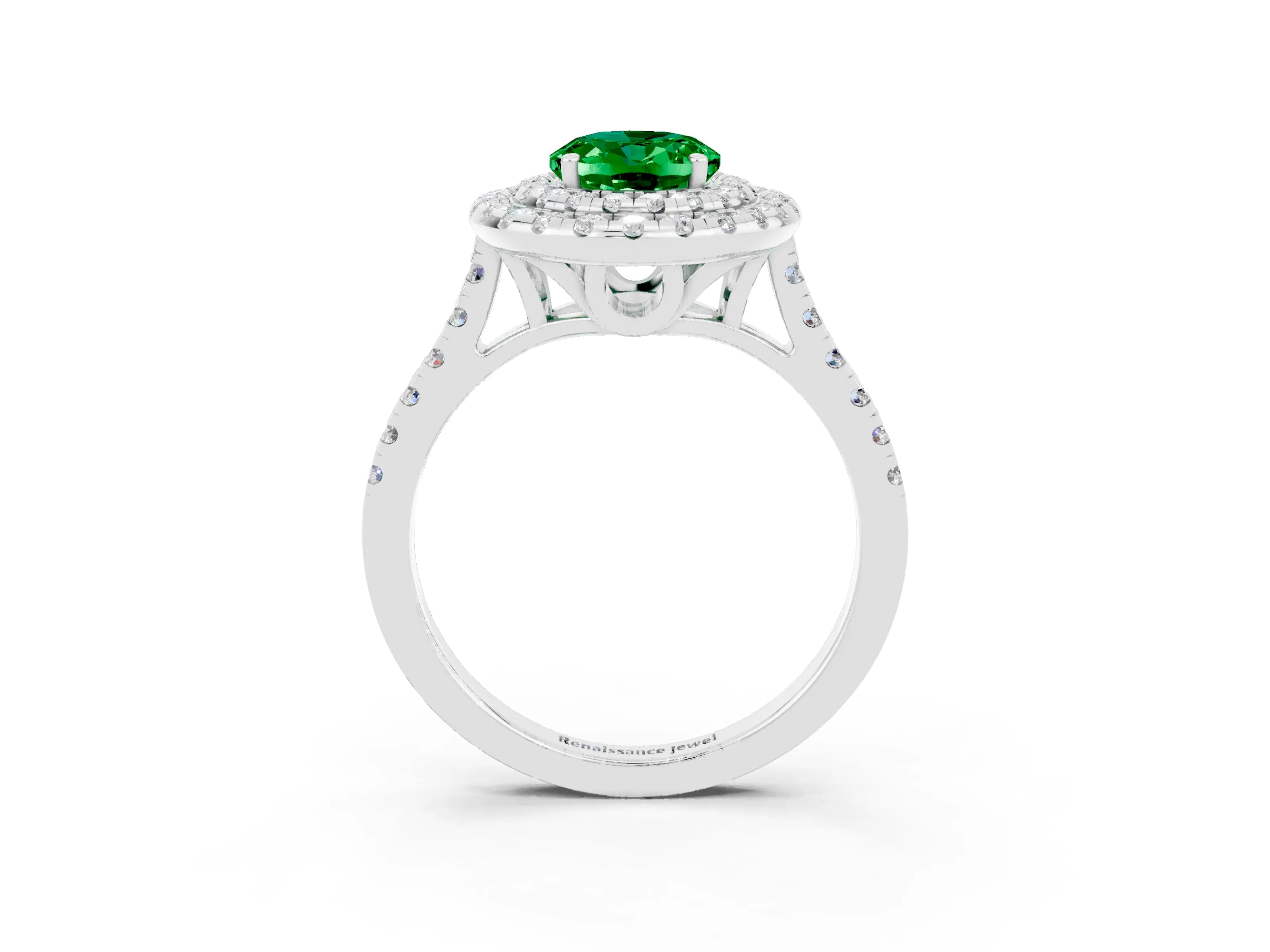 White gold Double Halo Oval Cut Emerald Pavé Band with Four-Prong Setting_3
