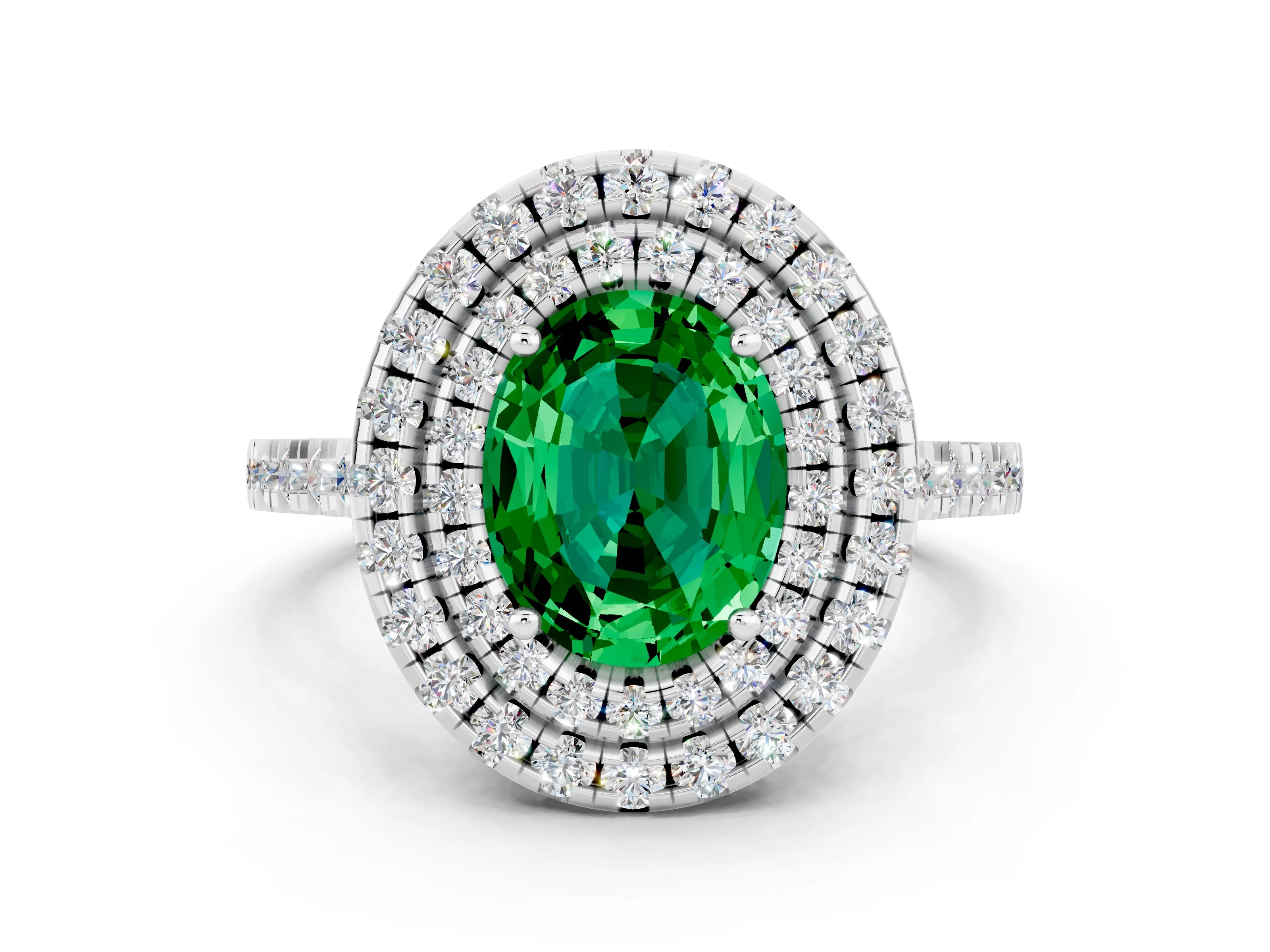 White gold Double Halo Oval Cut Emerald Pavé Band with Four-Prong Setting