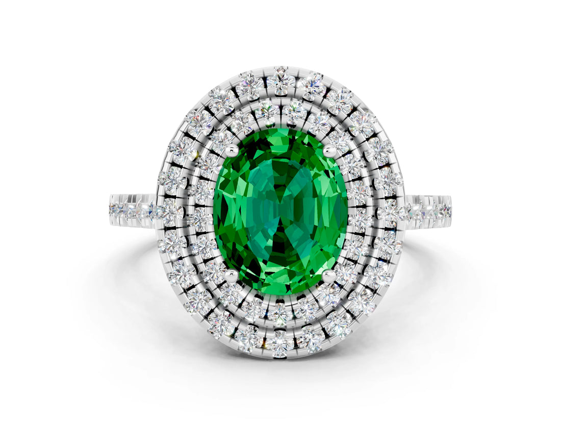 White gold Double Halo Oval Cut Emerald Pavé Band with Four-Prong Setting