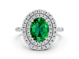 White gold Double Halo Oval Cut Emerald Pavé Band with Four-Prong Setting