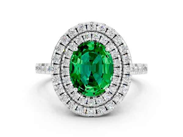Silver Double Halo Oval Cut Emerald Pavé Band with Four-Prong Setting
