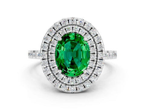 White gold Double Halo Oval Cut Emerald Pavé Band with Four-Prong Setting