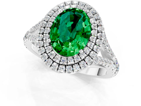 White gold Double Halo Oval Cut Emerald Pavé Split Shank Ring with Prong Setting_1