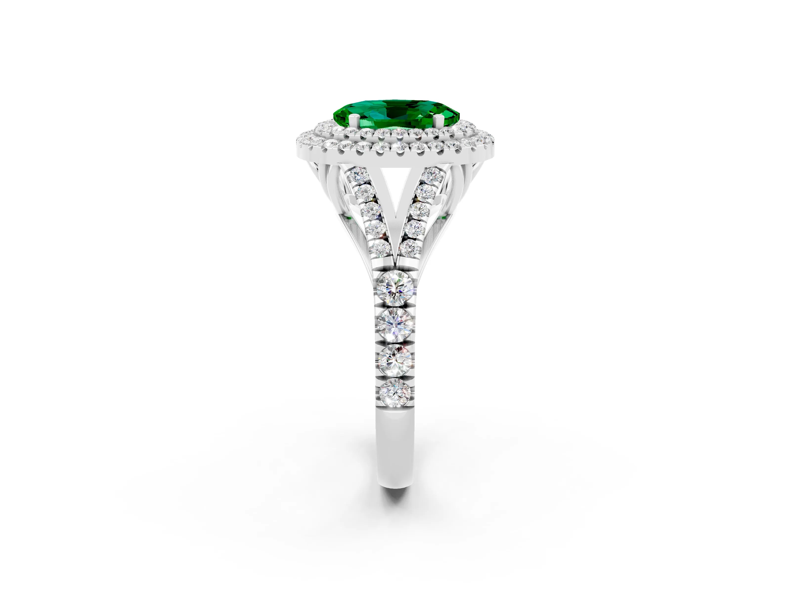 White gold Double Halo Oval Cut Emerald Pavé Split Shank Ring with Prong Setting_2