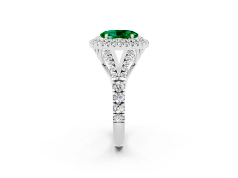 White gold Double Halo Oval Cut Emerald Pavé Split Shank Ring with Prong Setting_2