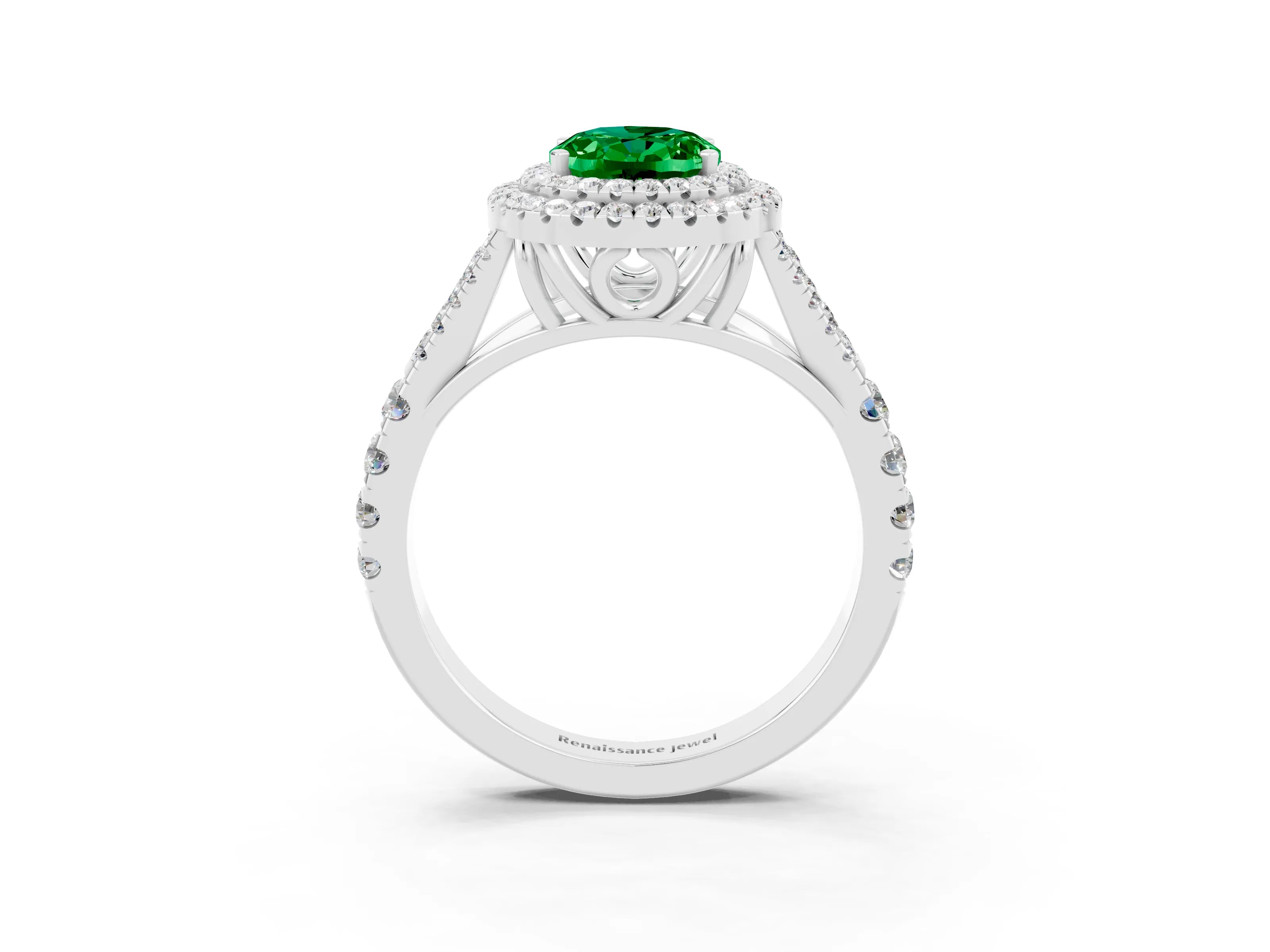 White gold Double Halo Oval Cut Emerald Pavé Split Shank Ring with Prong Setting_3