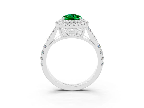 White gold Double Halo Oval Cut Emerald Pavé Split Shank Ring with Prong Setting