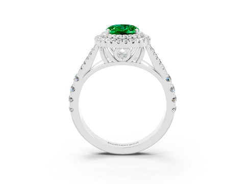 White gold Double Halo Oval Cut Emerald Pavé Split Shank Ring with Prong Setting_3