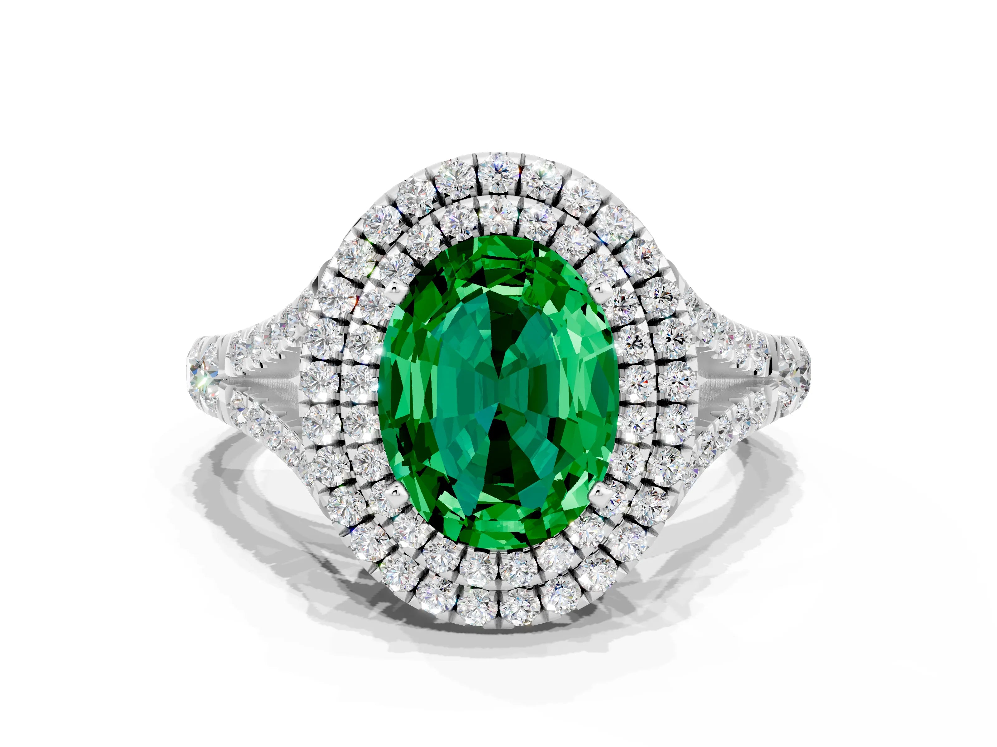 White gold Double Halo Oval Cut Emerald Pavé Split Shank Ring with Prong Setting
