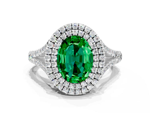 White gold Double Halo Oval Cut Emerald Pavé Split Shank Ring with Prong Setting
