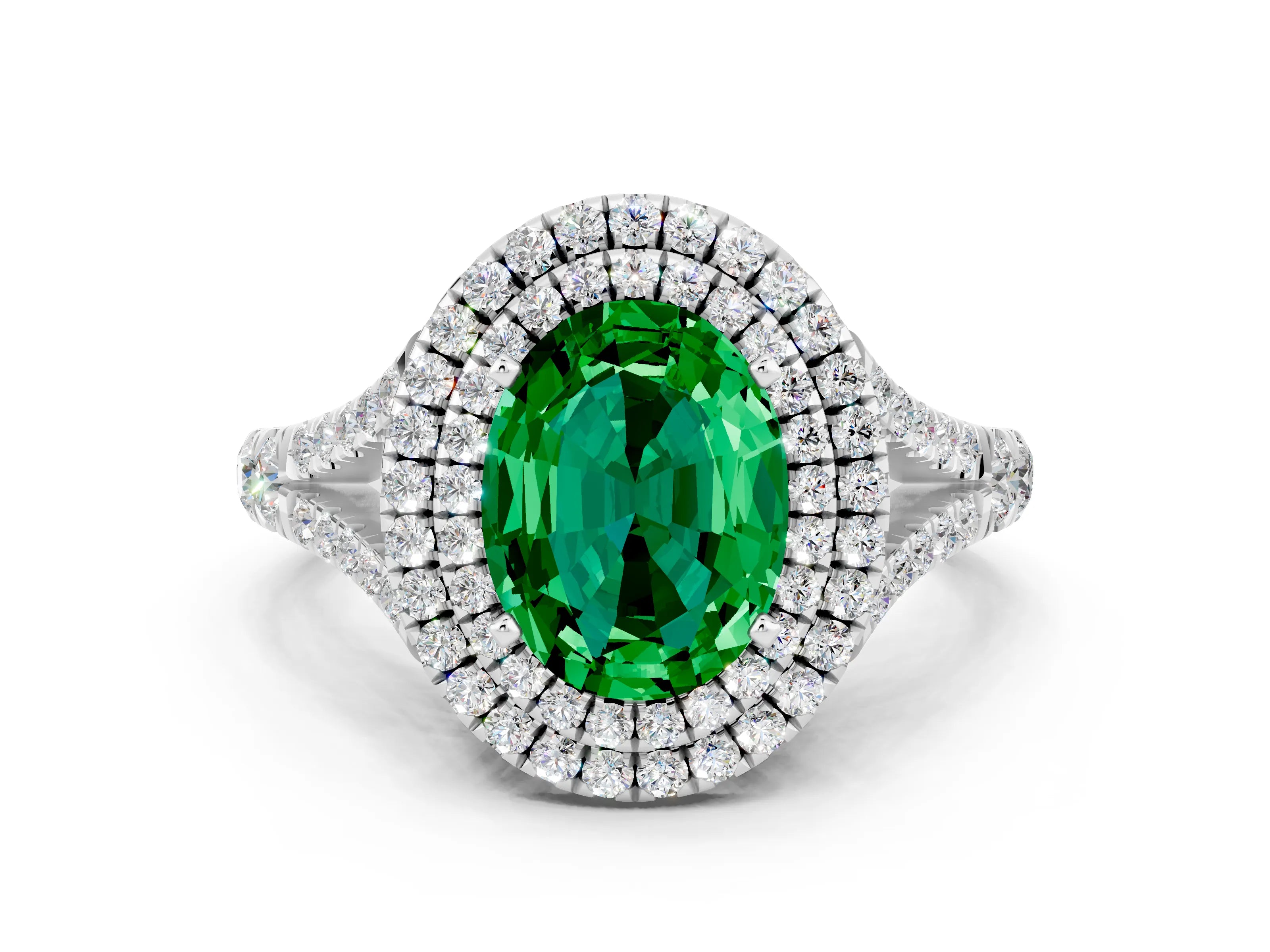 White gold Double Halo Oval Cut Emerald Split Shank Engagement Ring with Four-Prong Setting