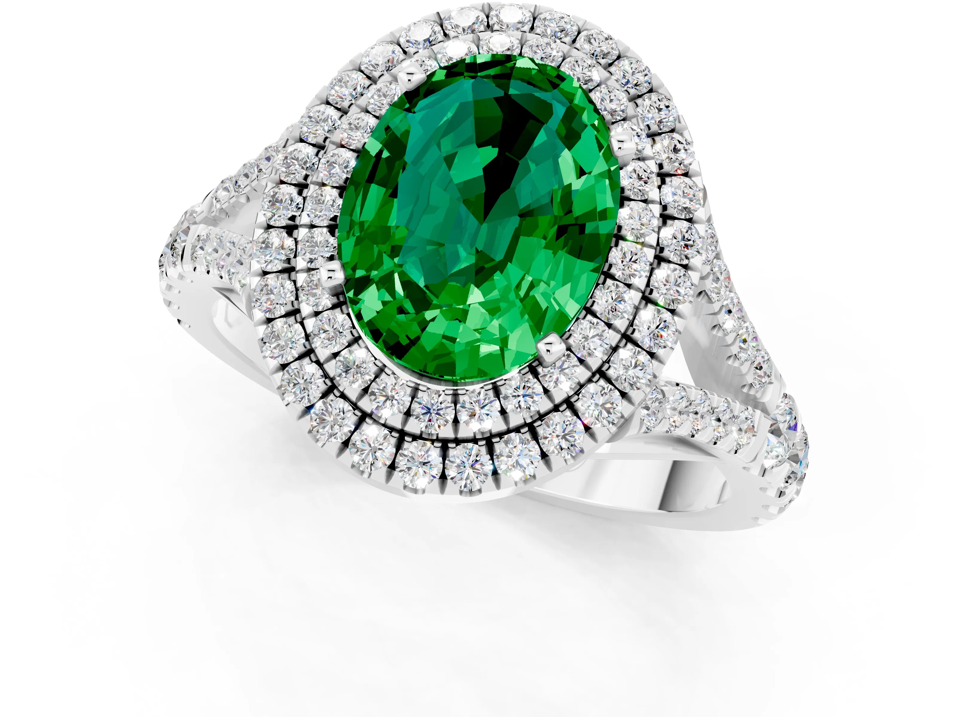 White gold Double Halo Oval Cut Emerald Split Shank Engagement Ring with Four-Prong Setting_1