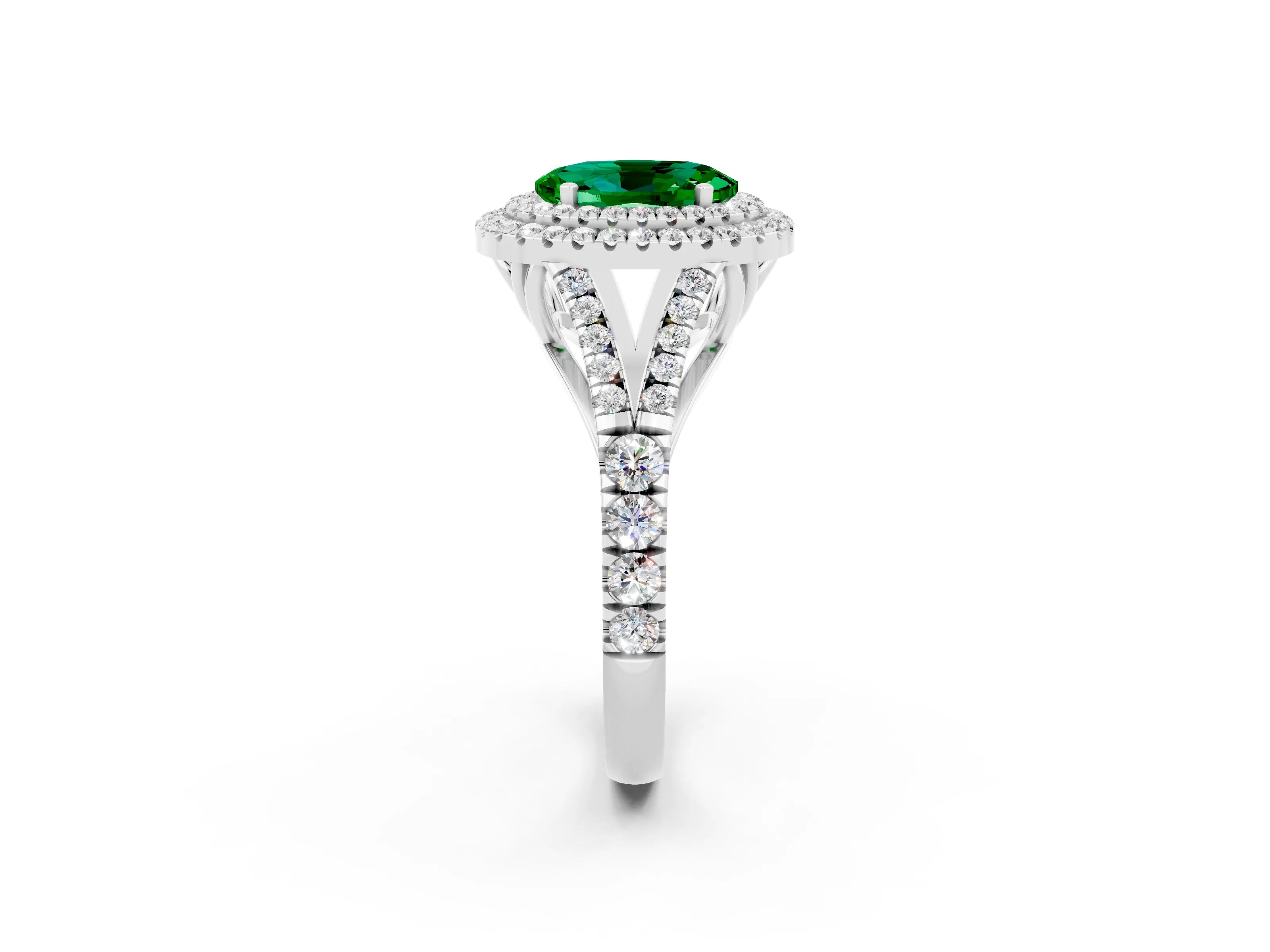 White gold Double Halo Oval Cut Emerald Split Shank Engagement Ring with Four-Prong Setting_2
