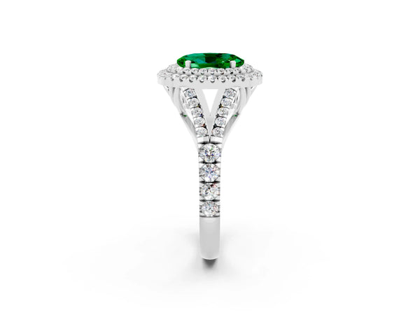 White gold Double Halo Oval Cut Emerald Split Shank Engagement Ring with Four-Prong Setting