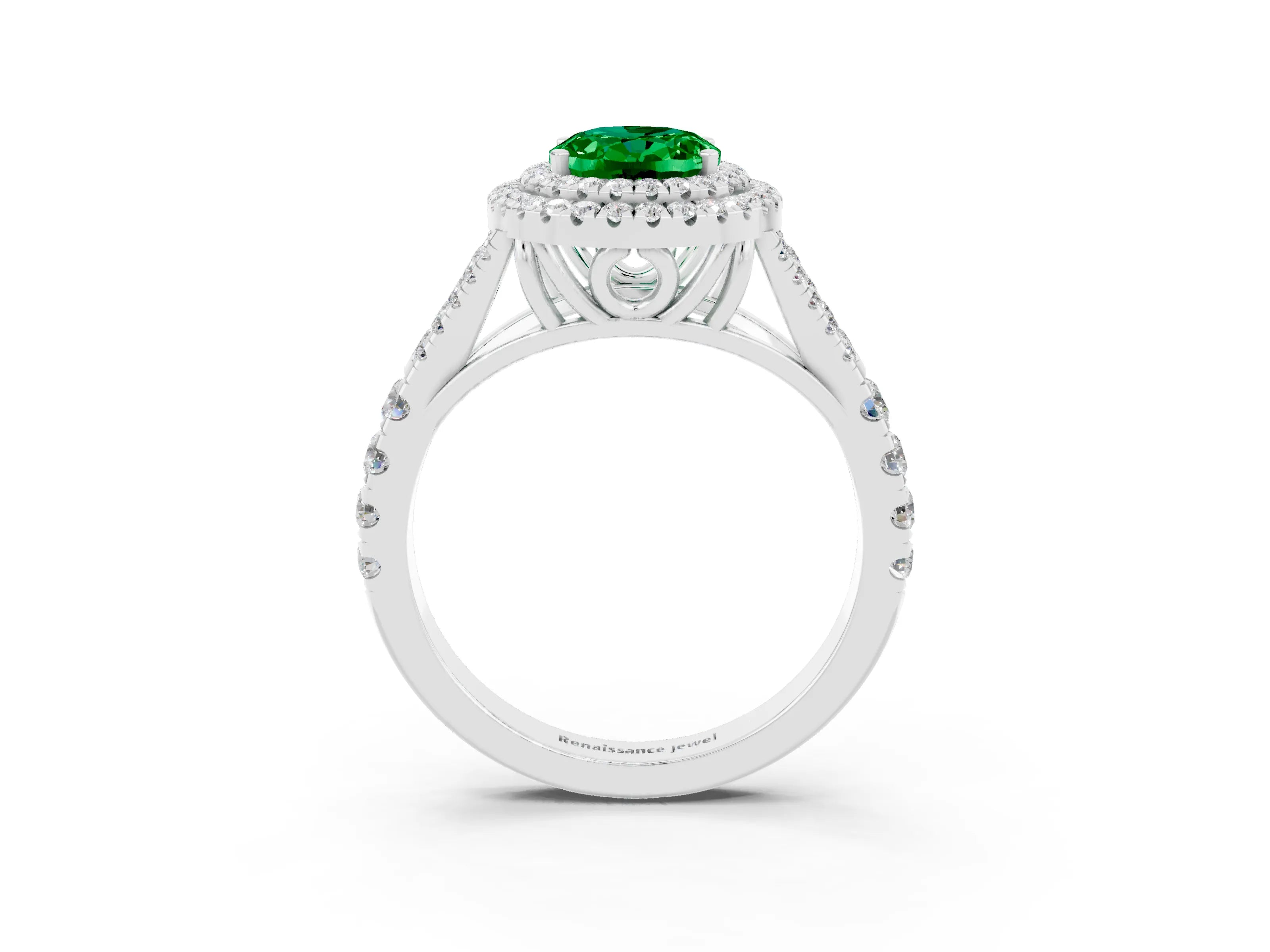White gold Double Halo Oval Cut Emerald Split Shank Engagement Ring with Four-Prong Setting_3