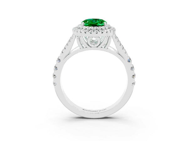 Silver Double Halo Oval Cut Emerald Split Shank Engagement Ring with Four-Prong Setting