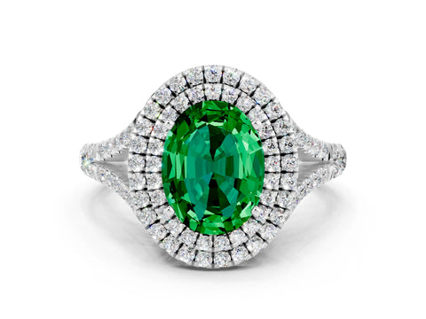 White gold Double Halo Oval Cut Emerald Split Shank Engagement Ring with Four-Prong Setting