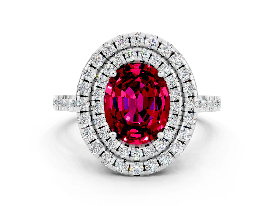 White gold Double Halo Oval Cut Garnet Pavé Band with Four-Prong Setting