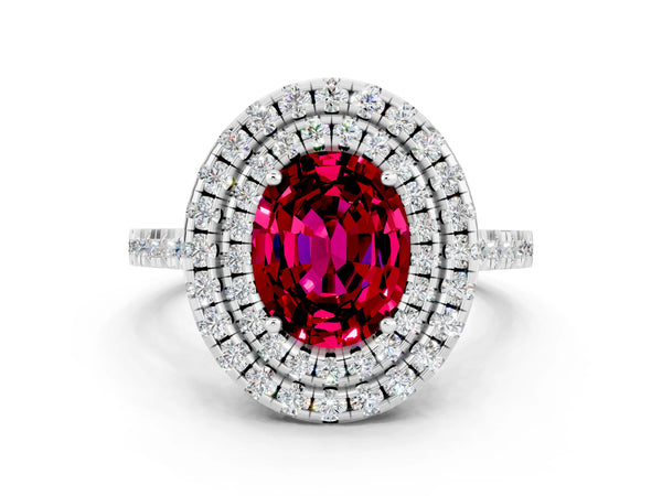 Platinum Double Halo Oval Cut Garnet Pavé Band with Four-Prong Setting