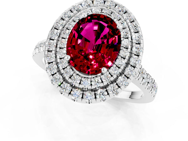 Platinum Double Halo Oval Cut Garnet Pavé Band with Four-Prong Setting