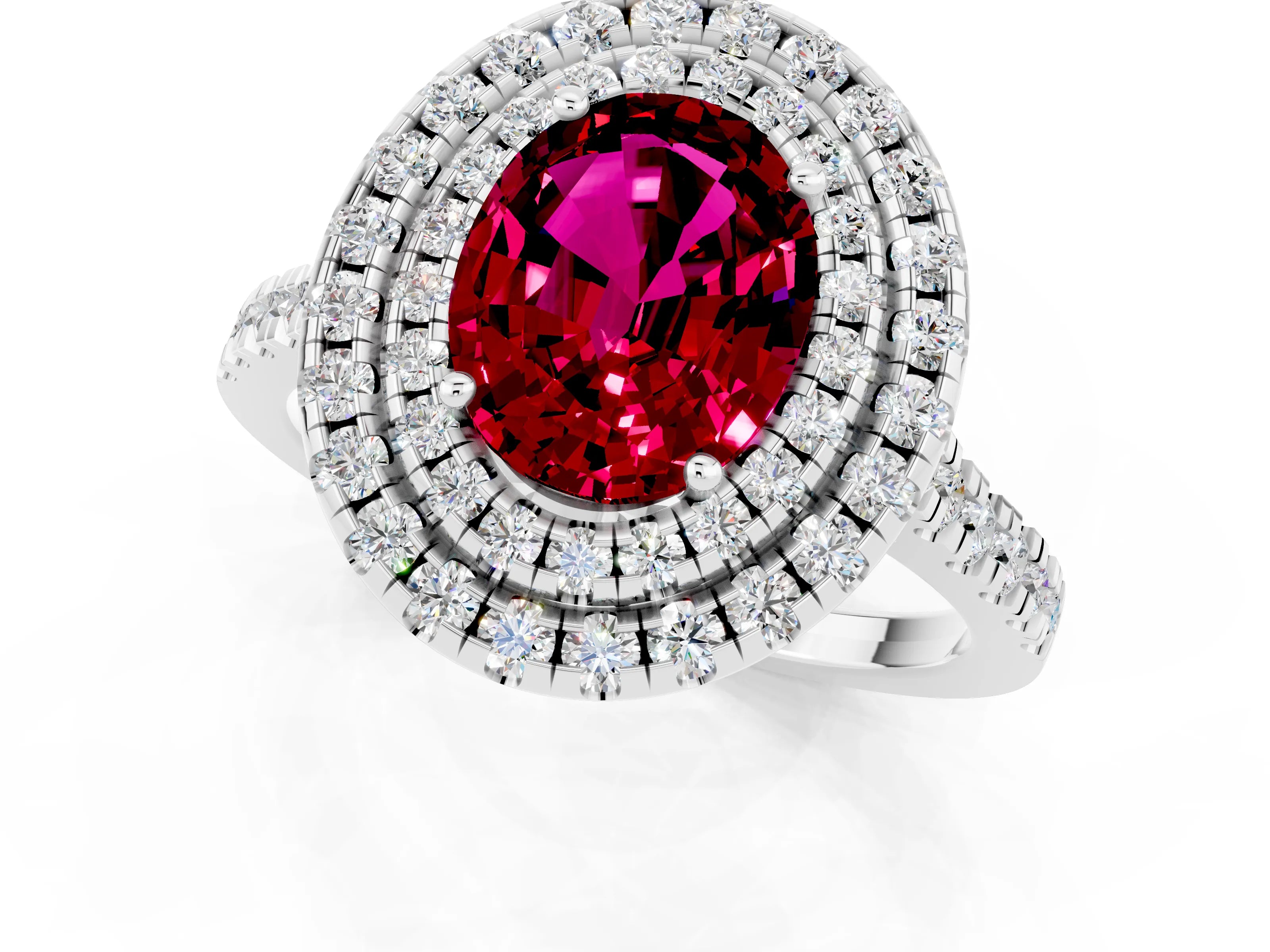 White gold Double Halo Oval Cut Garnet Pavé Band with Four-Prong Setting_1