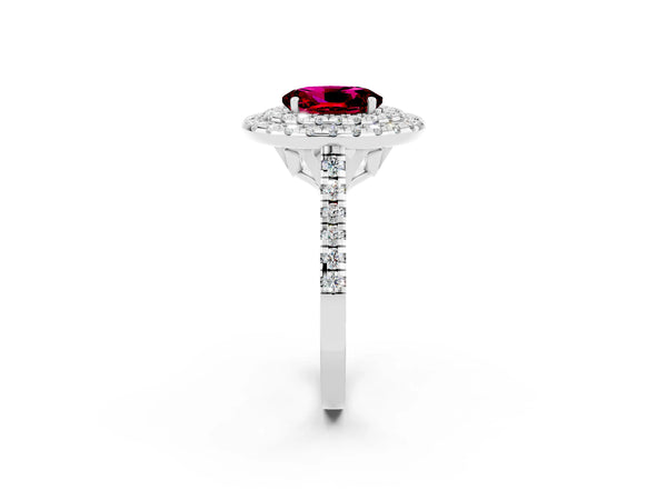 White gold Double Halo Oval Cut Garnet Pavé Band with Four-Prong Setting