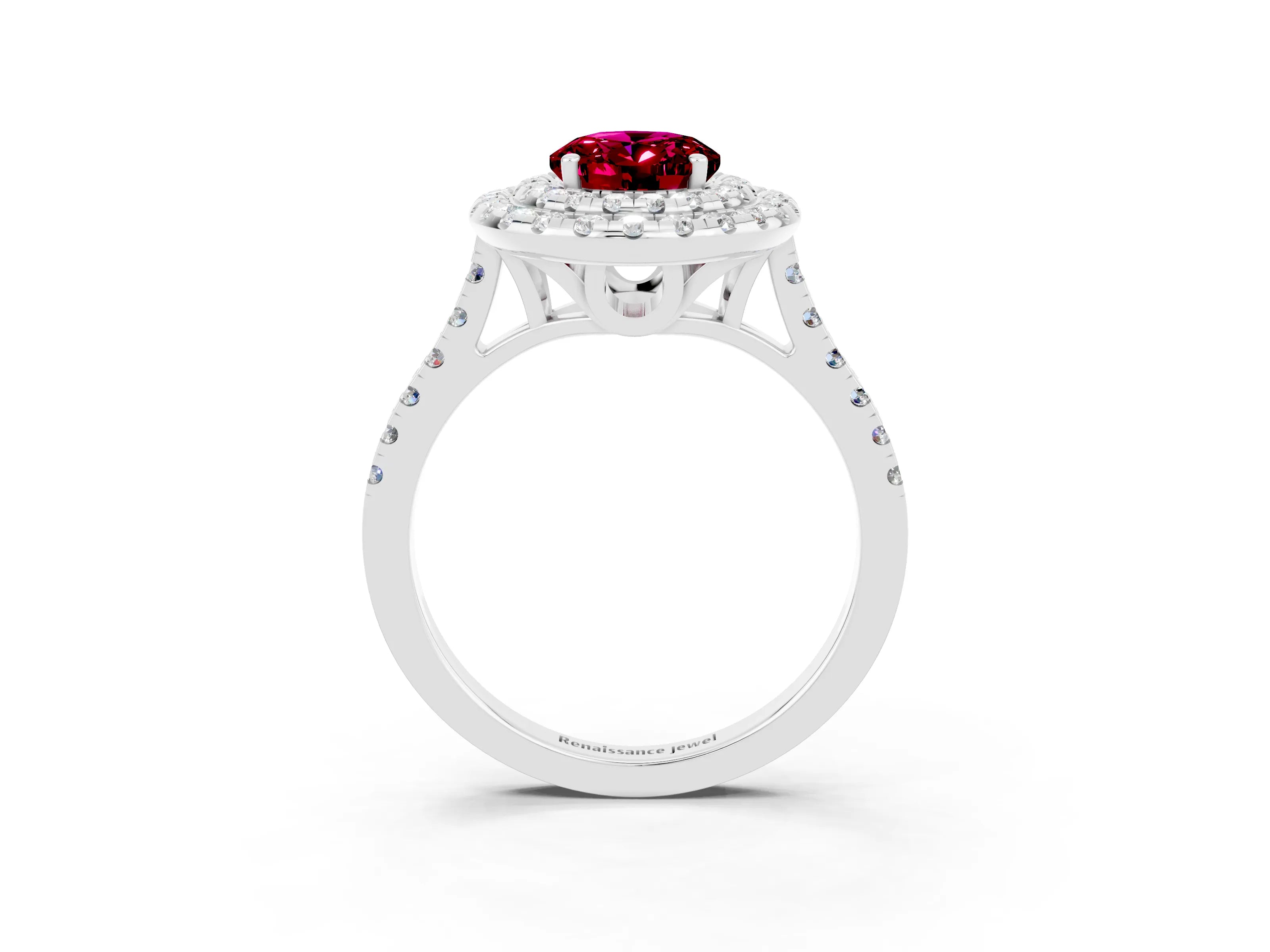 White gold Double Halo Oval Cut Garnet Pavé Band with Four-Prong Setting_3