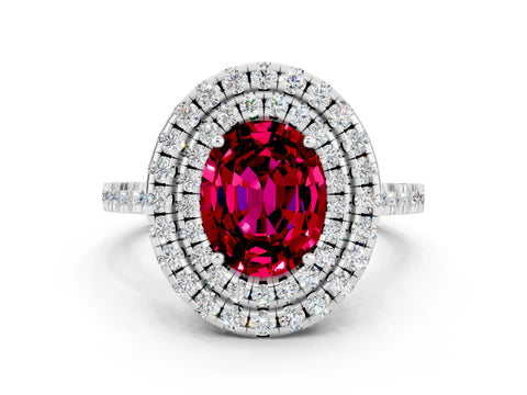 White gold Double Halo Oval Cut Garnet Pavé Band with Four-Prong Setting