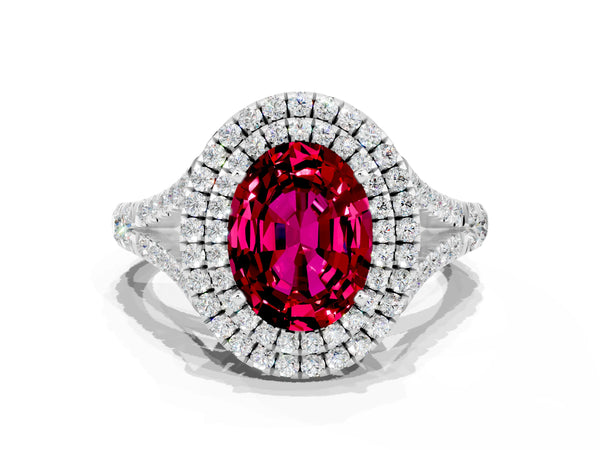 Platinum Double Halo Oval Cut Garnet Pavé Split Shank Ring with Prong Setting