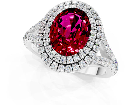 White gold Double Halo Oval Cut Garnet Pavé Split Shank Ring with Prong Setting_1