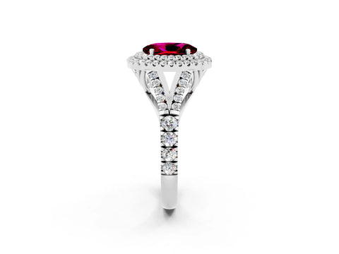 White gold Double Halo Oval Cut Garnet Pavé Split Shank Ring with Prong Setting_2