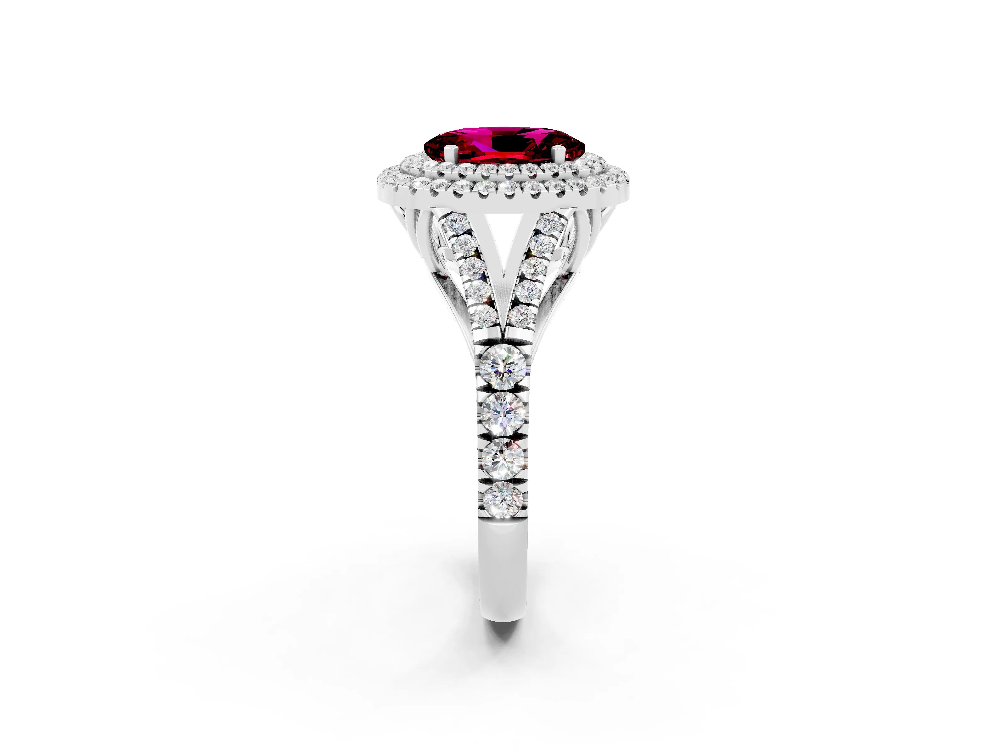 White gold Double Halo Oval Cut Garnet Pavé Split Shank Ring with Prong Setting_2