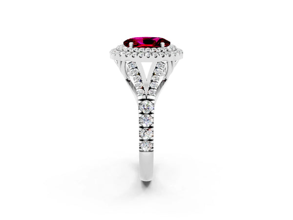 Silver Double Halo Oval Cut Garnet Pavé Split Shank Ring with Prong Setting