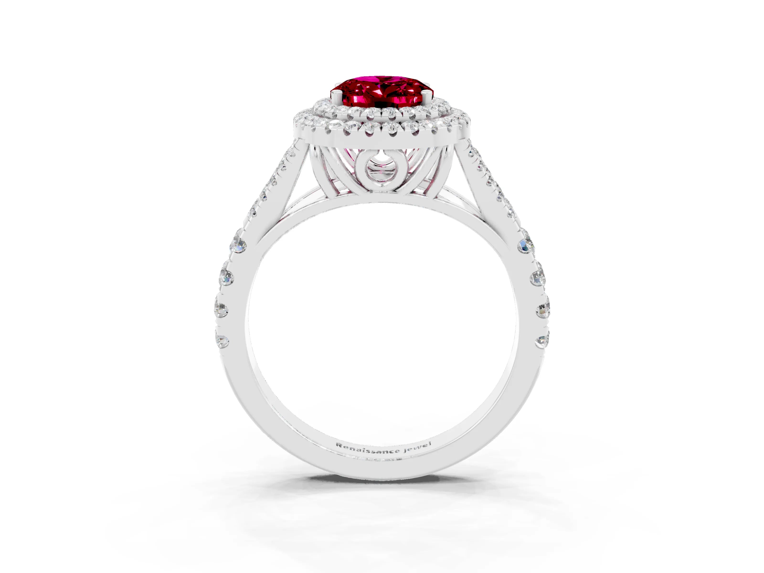 White gold Double Halo Oval Cut Garnet Pavé Split Shank Ring with Prong Setting_3