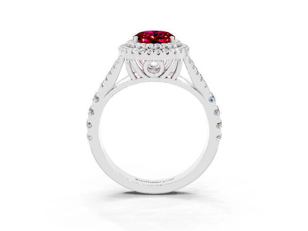 Platinum Double Halo Oval Cut Garnet Pavé Split Shank Ring with Prong Setting