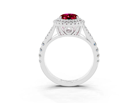 White gold Double Halo Oval Cut Garnet Pavé Split Shank Ring with Prong Setting_3