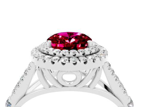 White gold Double Halo Oval Cut Garnet Pavé Split Shank Ring with Prong Setting_4