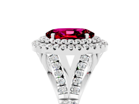White gold Double Halo Oval Cut Garnet Pavé Split Shank Ring with Prong Setting_5