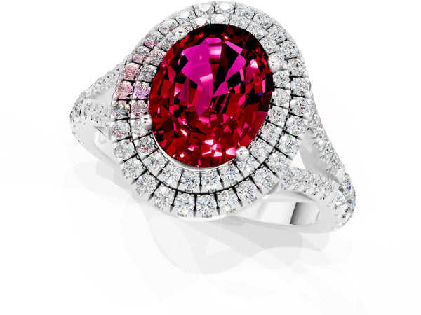 White gold Double Halo Oval Cut Garnet Split Shank Engagement Ring with Four-Prong Setting