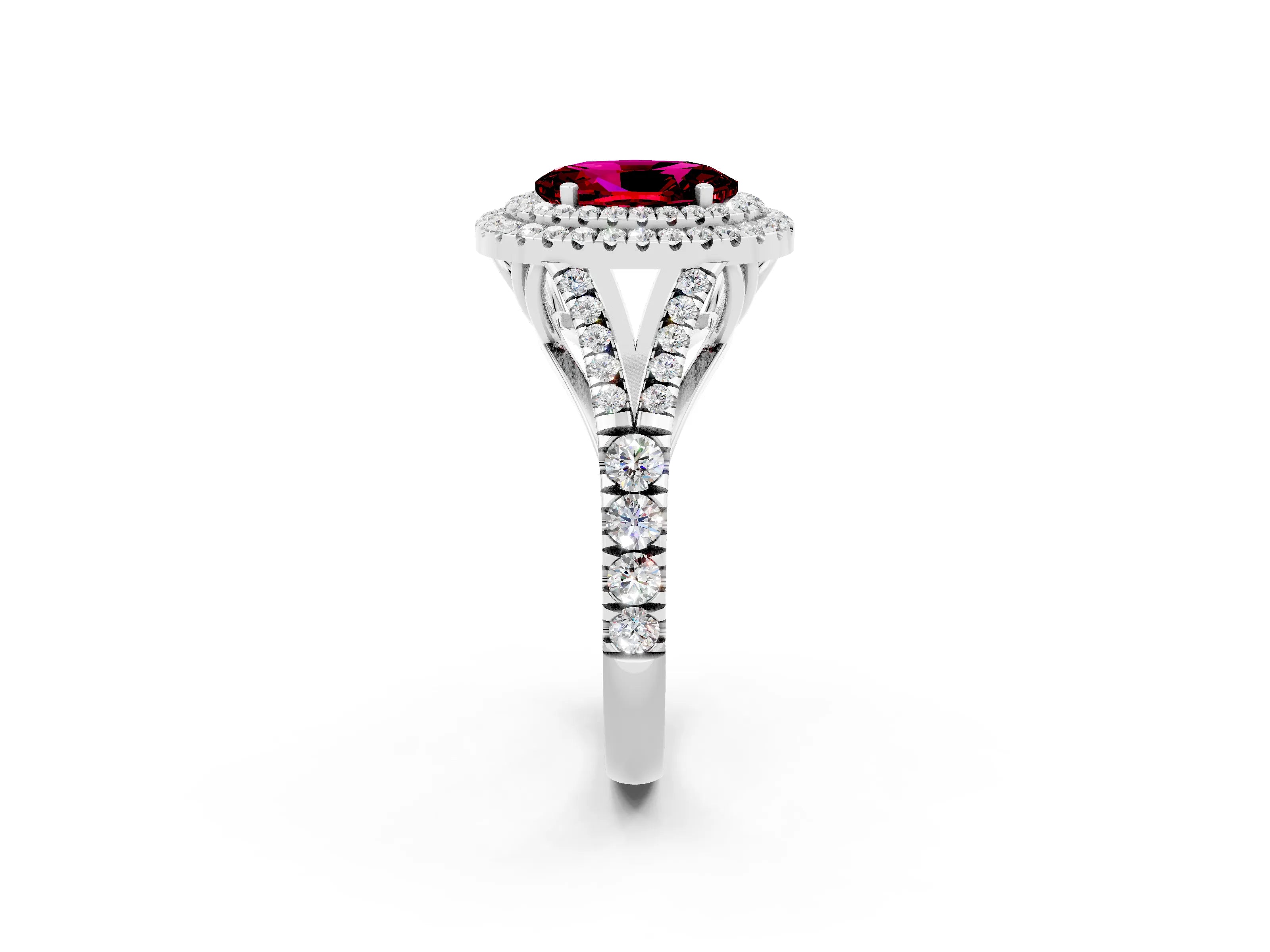 White gold Double Halo Oval Cut Garnet Split Shank Engagement Ring with Four-Prong Setting_2