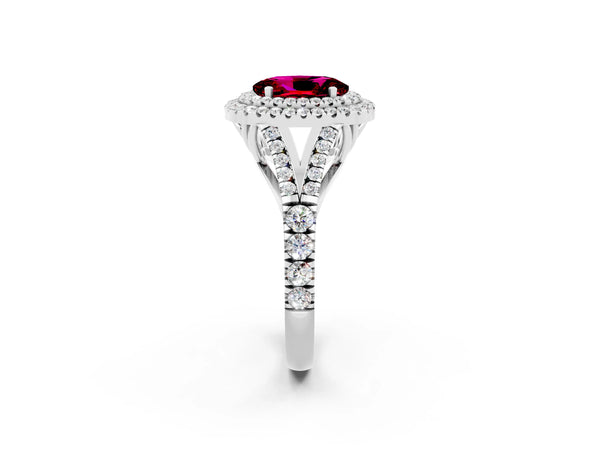 White gold Double Halo Oval Cut Garnet Split Shank Engagement Ring with Four-Prong Setting