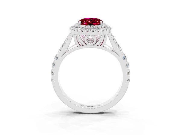 Platinum Double Halo Oval Cut Garnet Split Shank Engagement Ring with Four-Prong Setting