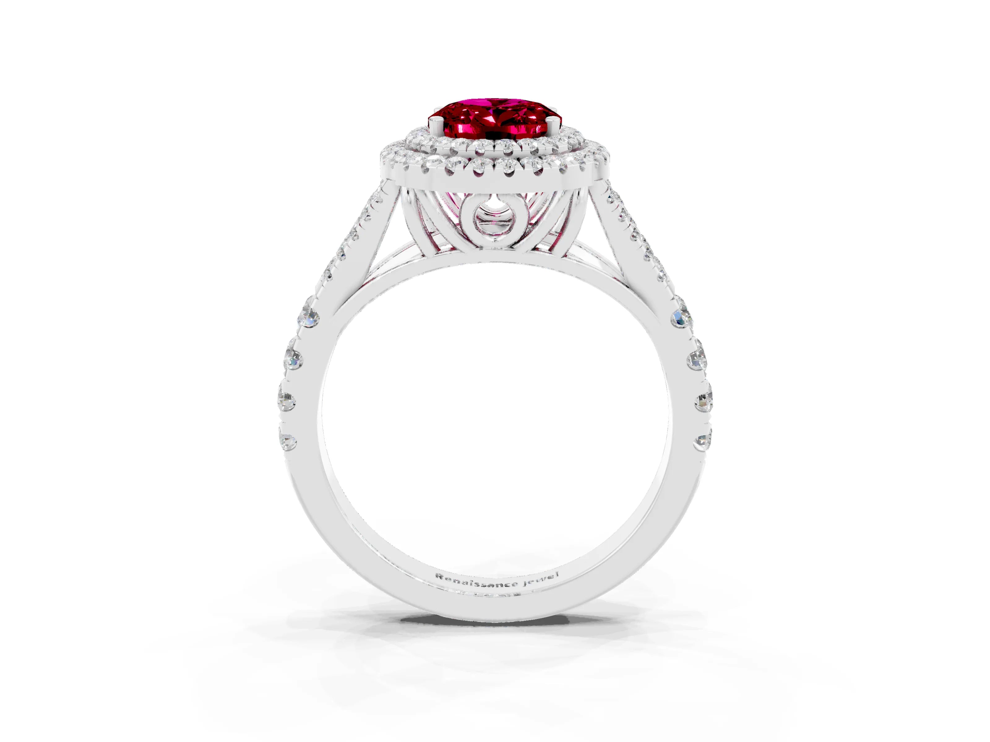 White gold Double Halo Oval Cut Garnet Split Shank Engagement Ring with Four-Prong Setting_3
