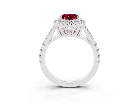 White gold Double Halo Oval Cut Garnet Split Shank Engagement Ring with Four-Prong Setting_3