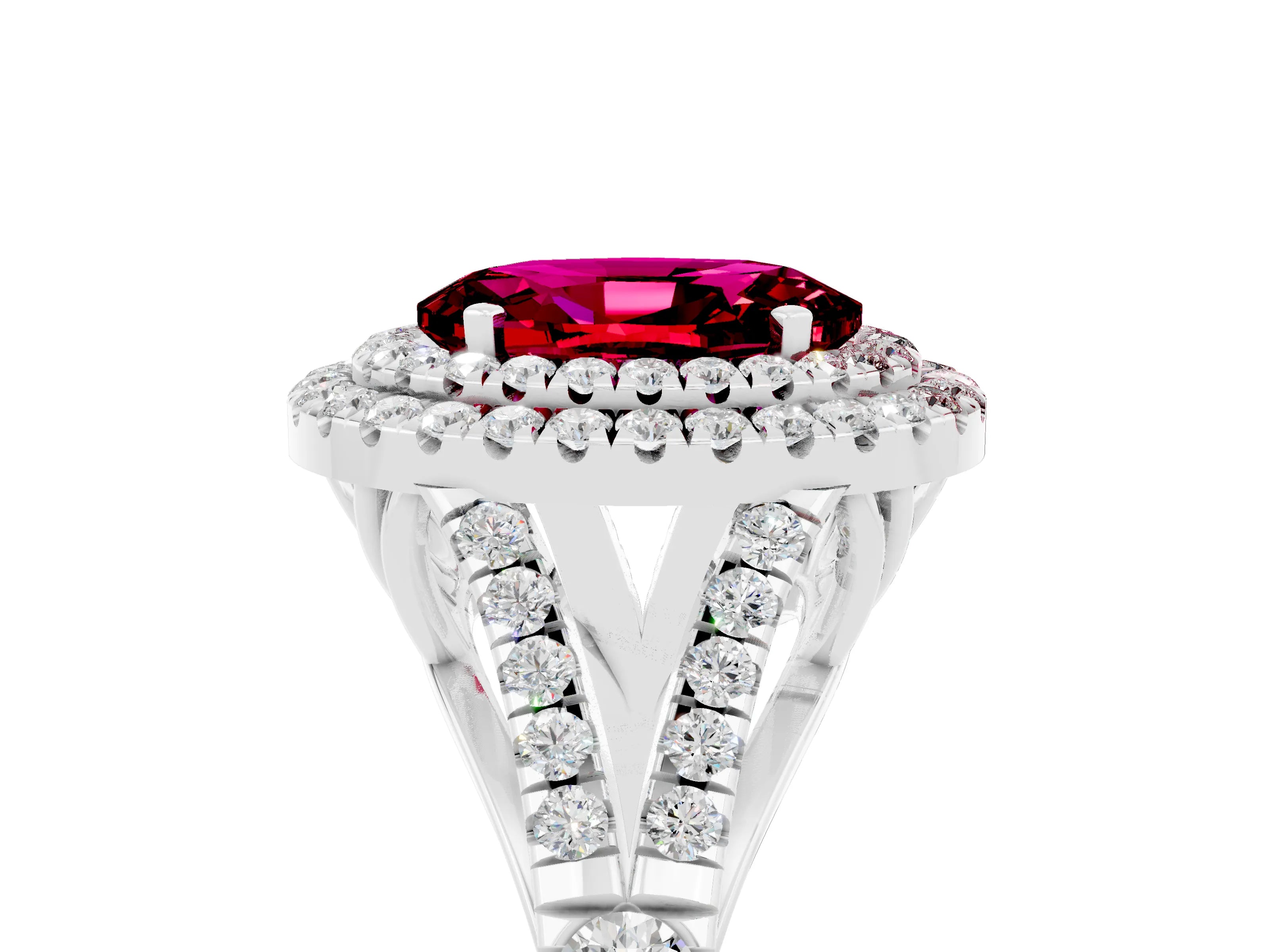 White gold Double Halo Oval Cut Garnet Split Shank Engagement Ring with Four-Prong Setting_5