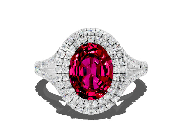 Silver Double Halo Oval Cut Garnet Split Shank Engagement Ring with Four-Prong Setting