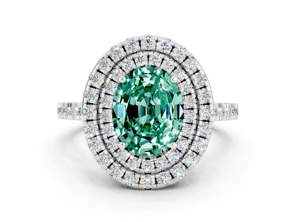 Platinum Double Halo Oval Cut Green Sapphire Pavé Band with Four-Prong Setting