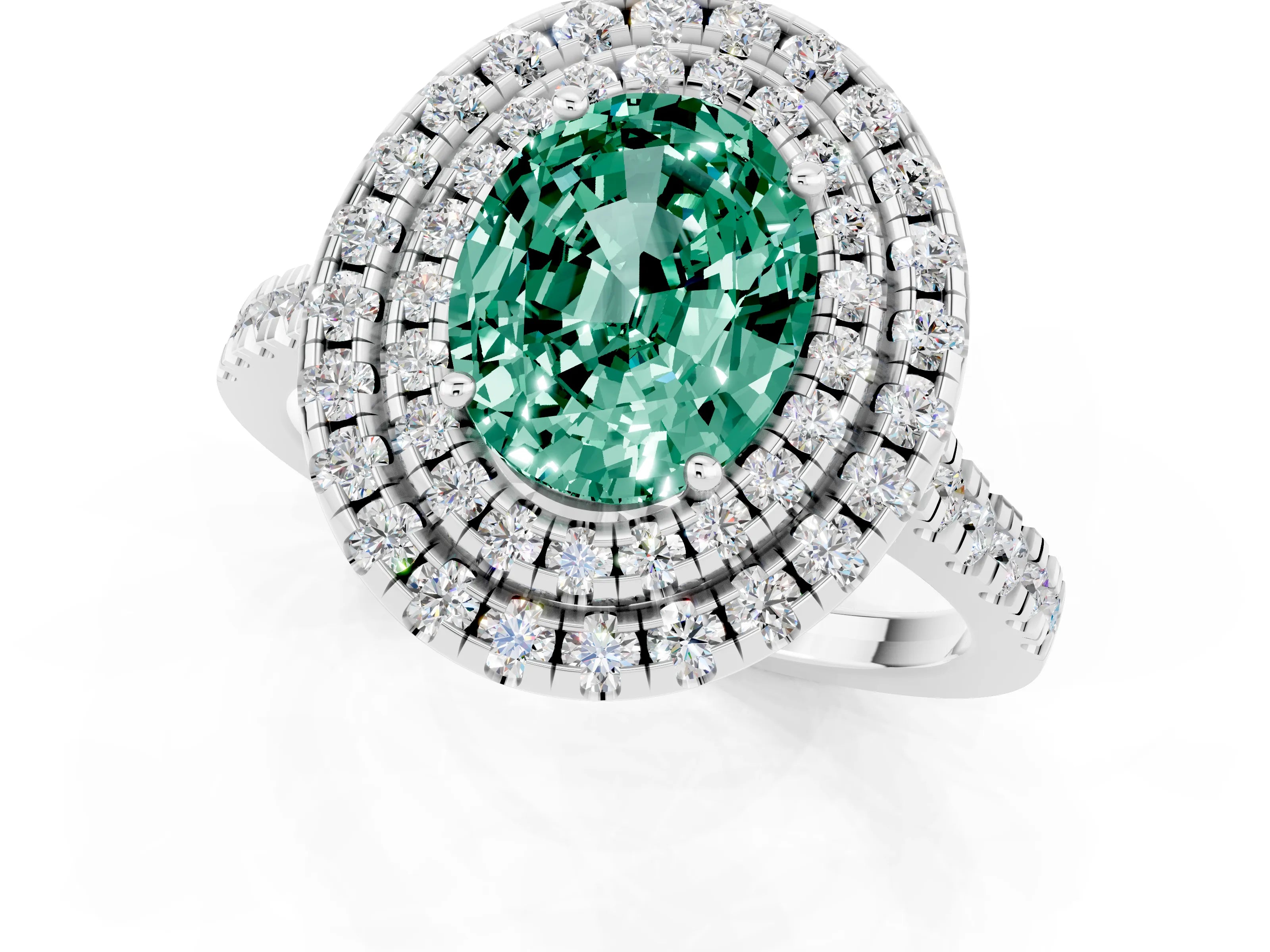 White gold Double Halo Oval Cut Green Sapphire Pavé Band with Four-Prong Setting_1