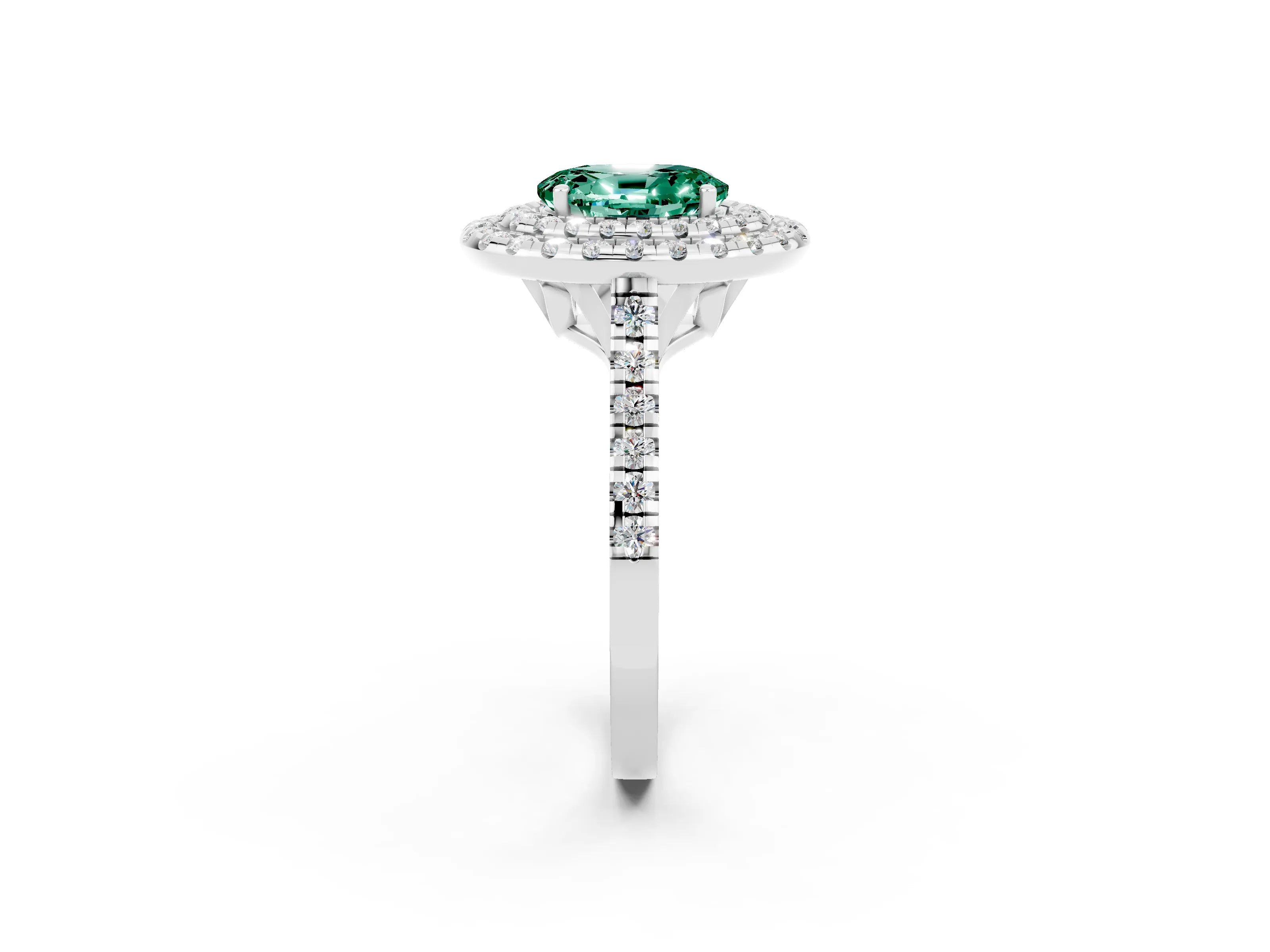 White gold Double Halo Oval Cut Green Sapphire Pavé Band with Four-Prong Setting_2